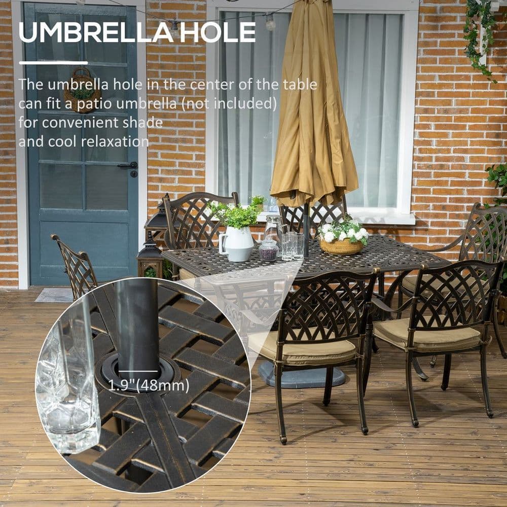 image-Outsunny 7-PC Cast Aluminum Patio Dining Set w/ Umbrella Hole & Cushion, Bronze