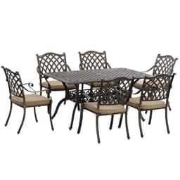 image-Outsunny 7-PC Cast Aluminum Patio Dining Set w/ Umbrella Hole & Cushion, Bronze