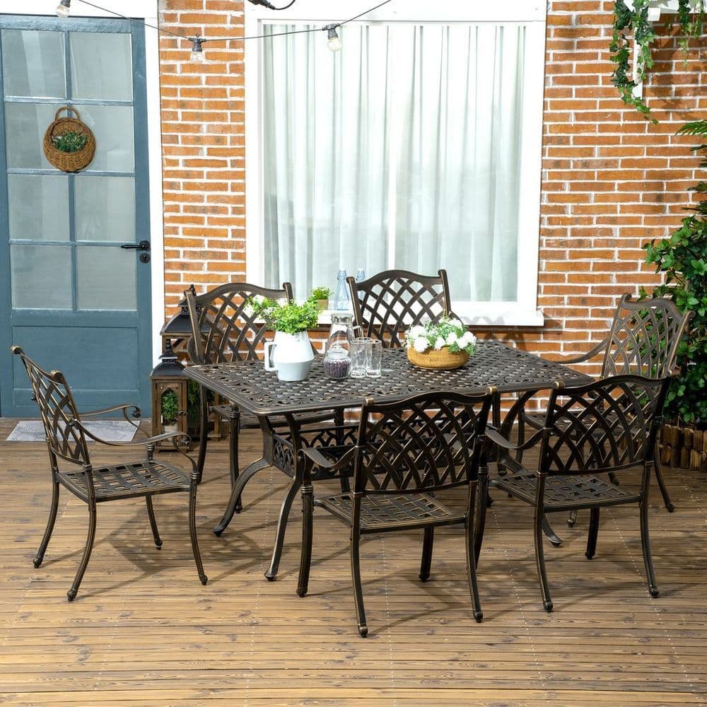 image-Outsunny 7-PC Cast Aluminum Patio Dining Set w/ Umbrella Hole & Cushion, Bronze
