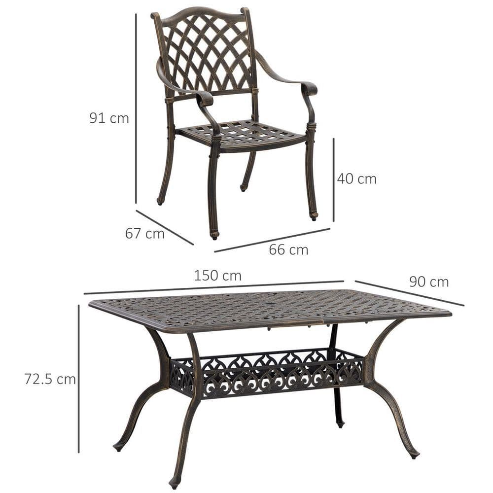 image-Outsunny 7-PC Cast Aluminum Patio Dining Set w/ Umbrella Hole & Cushion, Bronze