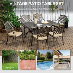 image-Outsunny 7-PC Cast Aluminum Patio Dining Set w/ Umbrella Hole & Cushion, Bronze