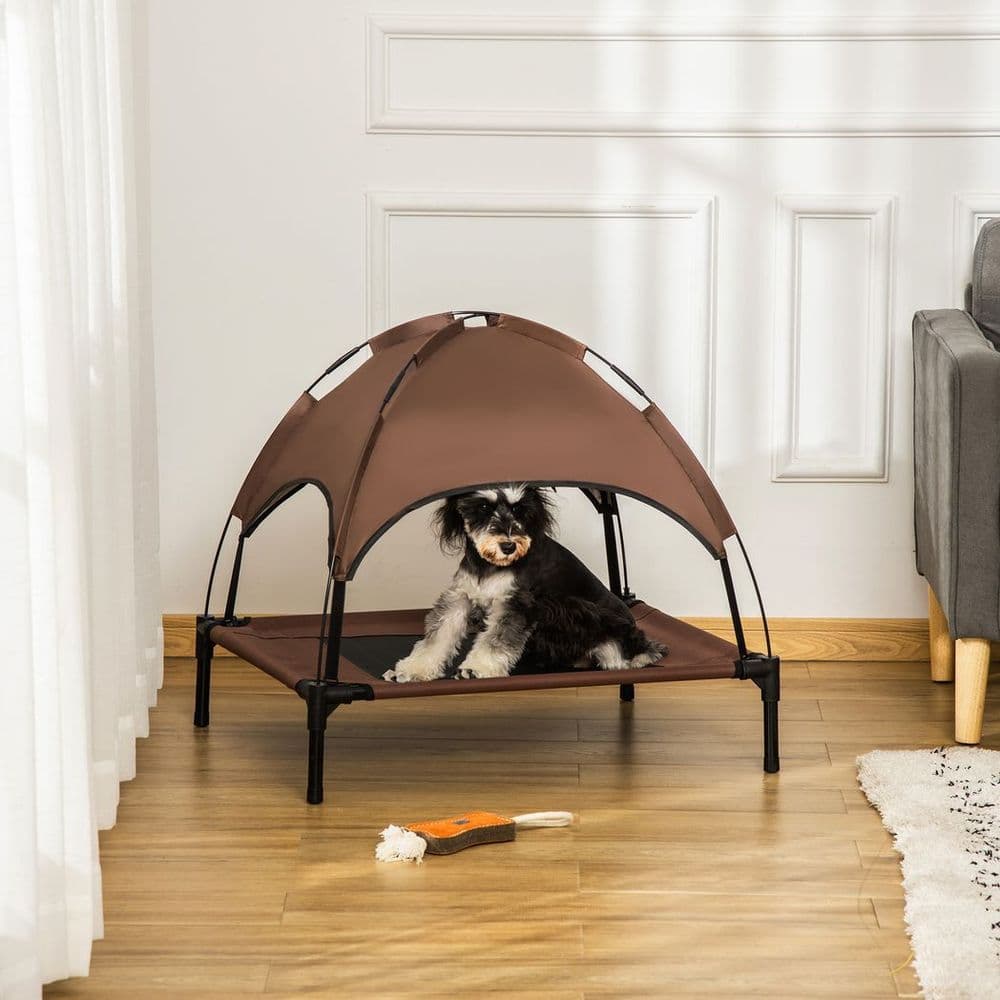 image-PawHut 76cm Elevated Dog Bed Cooling Raised Pet Cot UV Protection Canopy Coffee
