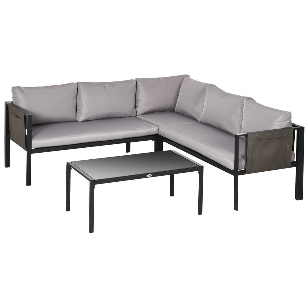 image-Outsunny 4 Piece Garden Furniture Set w/ Breathable Mesh Pocket, Light Grey