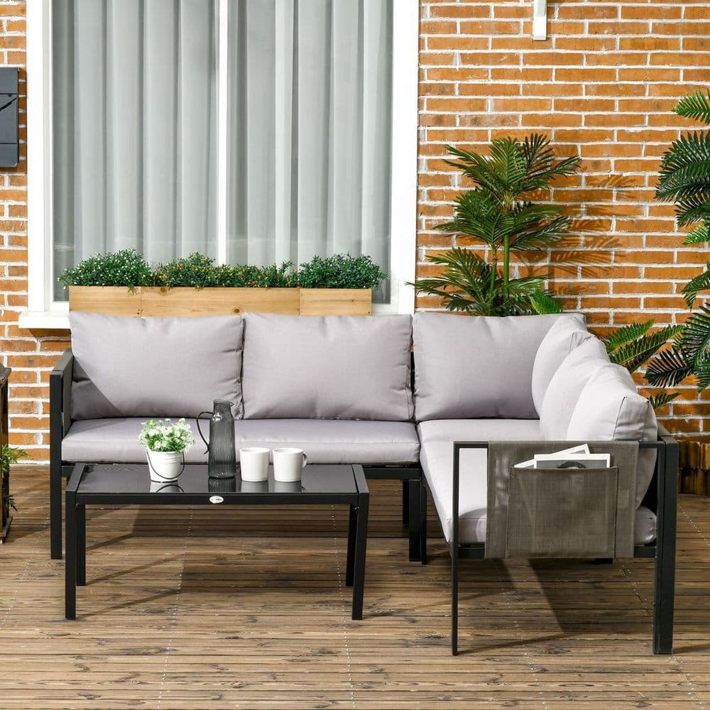 image-Outsunny 4 Piece Garden Furniture Set w/ Breathable Mesh Pocket, Light Grey
