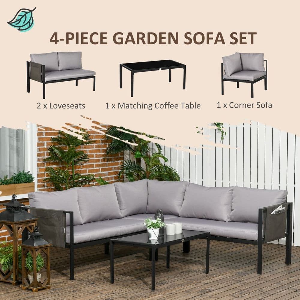 image-Outsunny 4 Piece Garden Furniture Set w/ Breathable Mesh Pocket, Light Grey