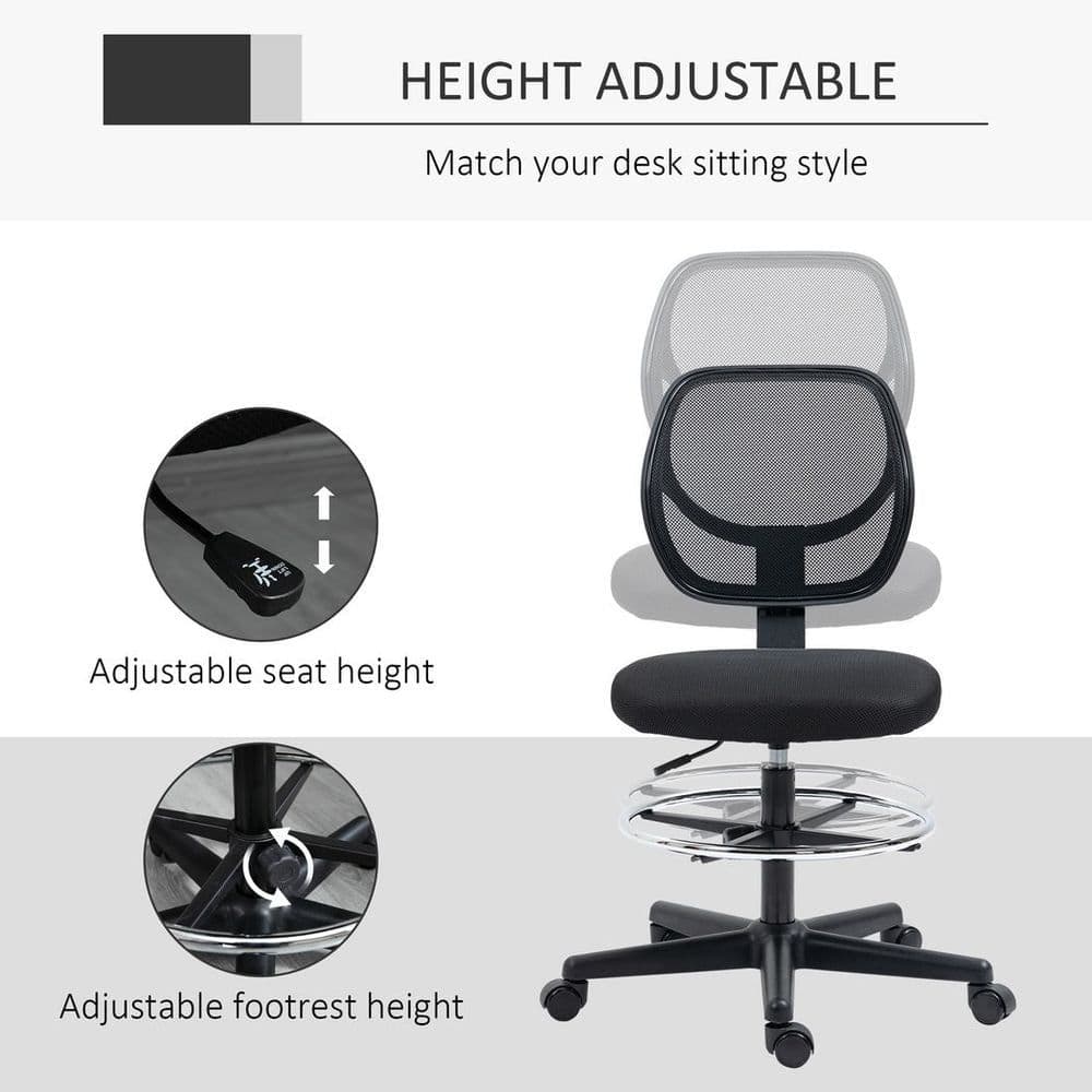 image-Vinsetto Draughtsman Chair Tall Office Chair w/ Adjustable Footrest Ring Black