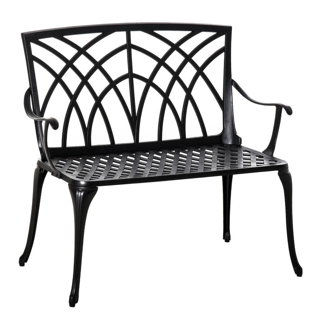 image-Outsunny 2-Seater Cast Aluminium Garden Bench Loveseat Ergonomic Armrest