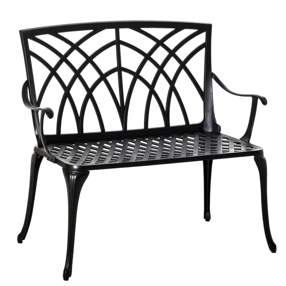 image-Outsunny 2-Seater Cast Aluminium Garden Bench Loveseat Ergonomic Armrest