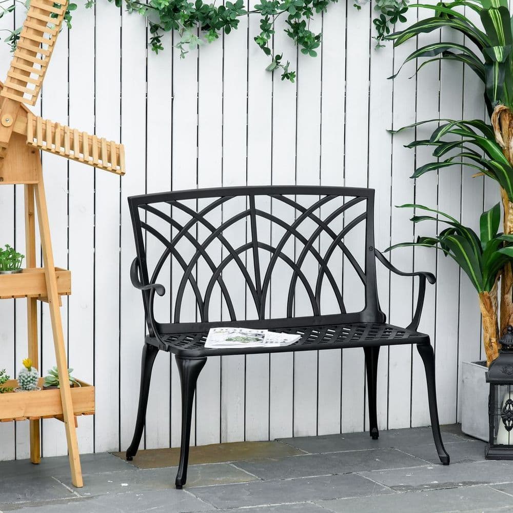 image-Outsunny 2-Seater Cast Aluminium Garden Bench Loveseat Ergonomic Armrest
