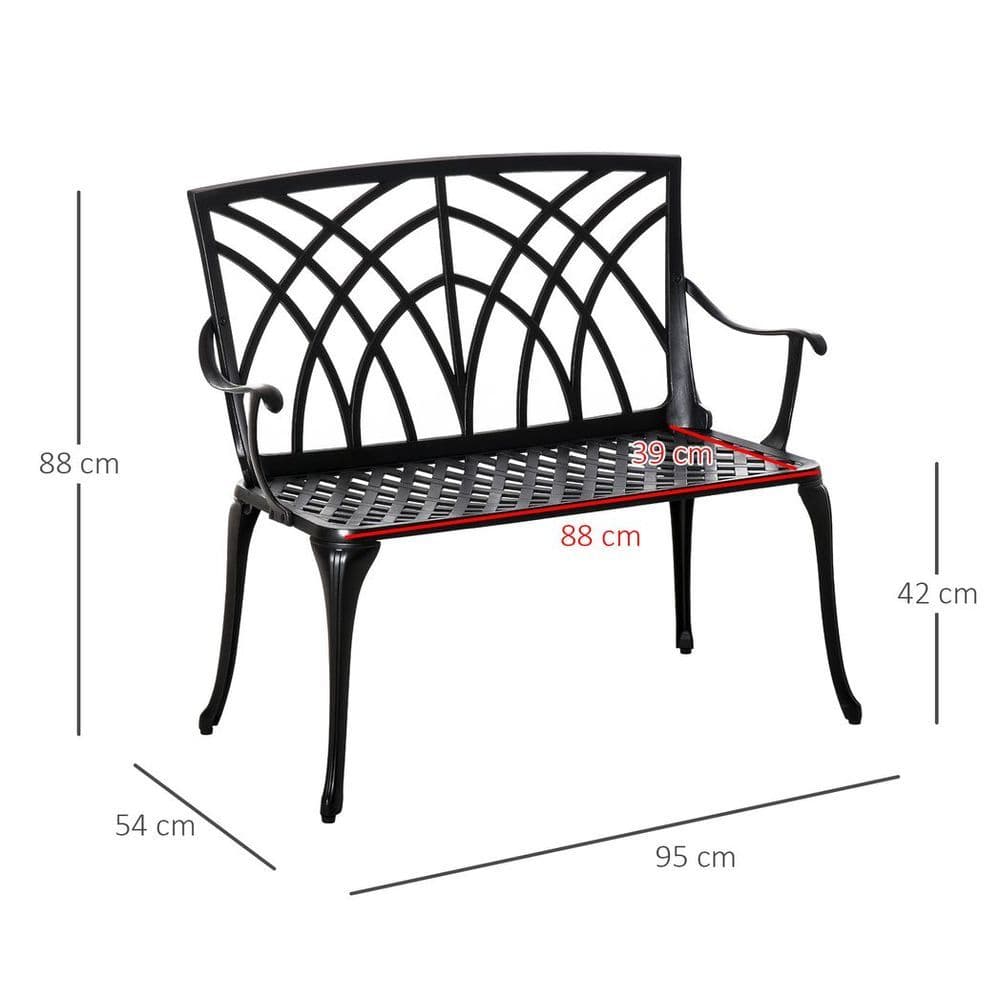 image-Outsunny 2-Seater Cast Aluminium Garden Bench Loveseat Ergonomic Armrest