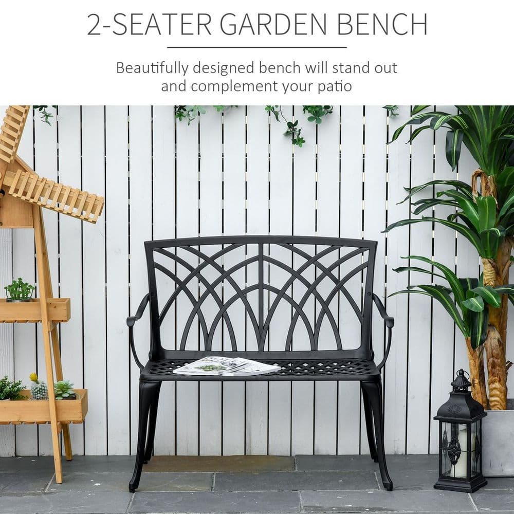 image-Outsunny 2-Seater Cast Aluminium Garden Bench Loveseat Ergonomic Armrest