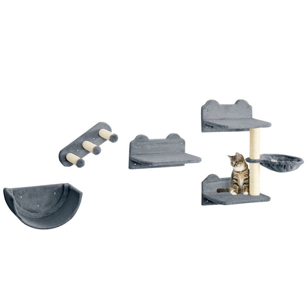 image-PawHut 4PCs Wall Mounted Cat Tree Cat Wall Shelves W/ Scratching Post Grey