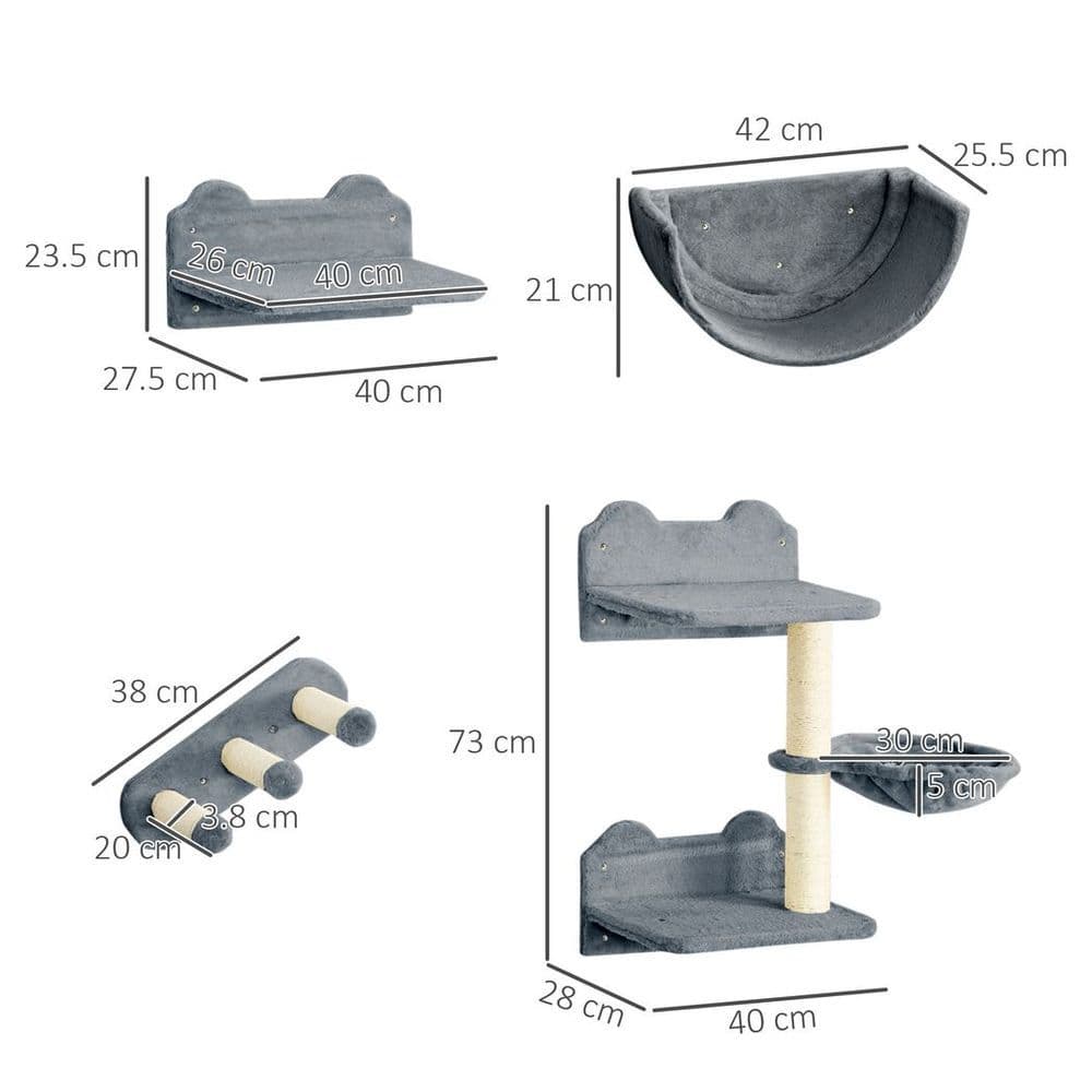 image-PawHut 4PCs Wall Mounted Cat Tree Cat Wall Shelves W/ Scratching Post Grey