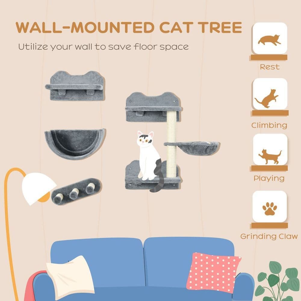 image-PawHut 4PCs Wall Mounted Cat Tree Cat Wall Shelves W/ Scratching Post Grey