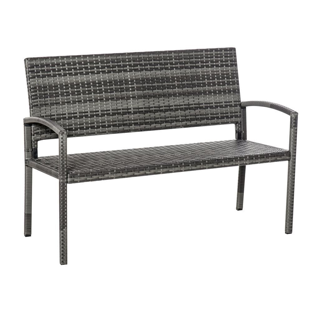 image-Outsunny Patio Rattan 2 Seater Garden Bench Love Seater Garden Armchair Grey