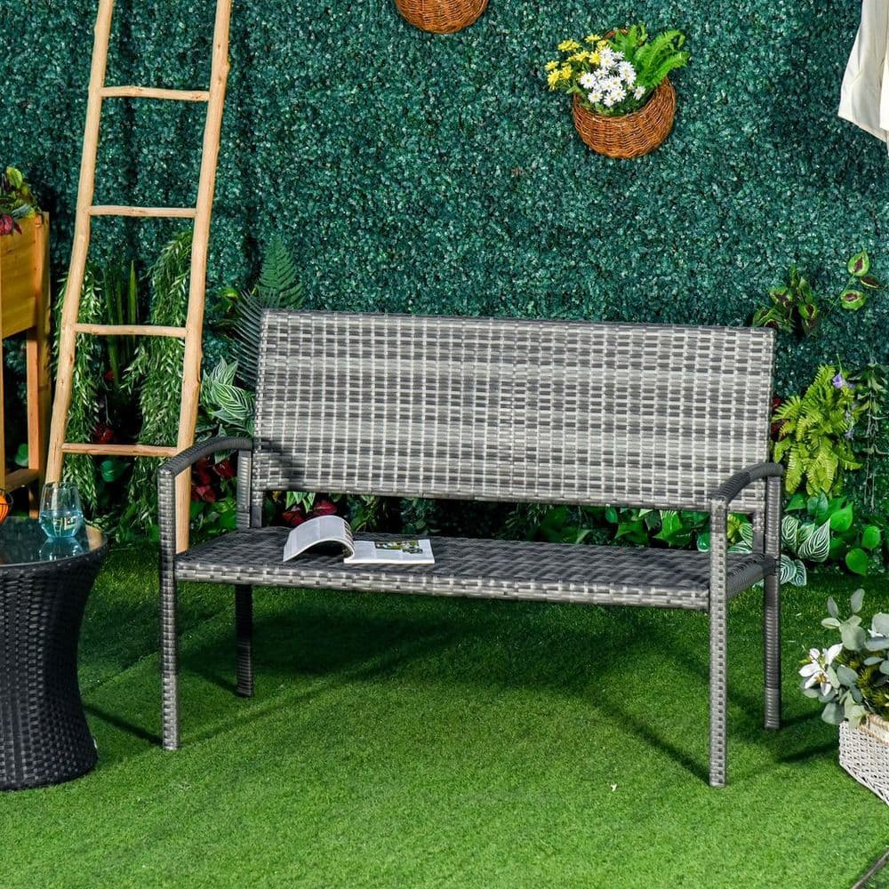image-Outsunny Patio Rattan 2 Seater Garden Bench Love Seater Garden Armchair Grey