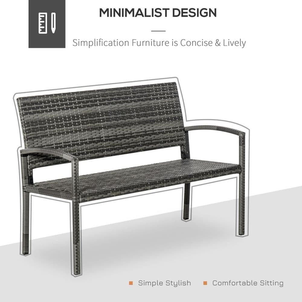 image-Outsunny Patio Rattan 2 Seater Garden Bench Love Seater Garden Armchair Grey