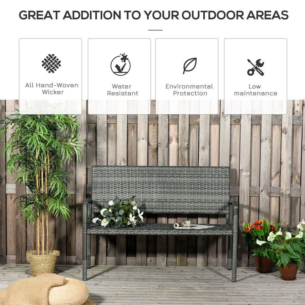 image-Outsunny Patio Rattan 2 Seater Garden Bench Love Seater Garden Armchair Grey