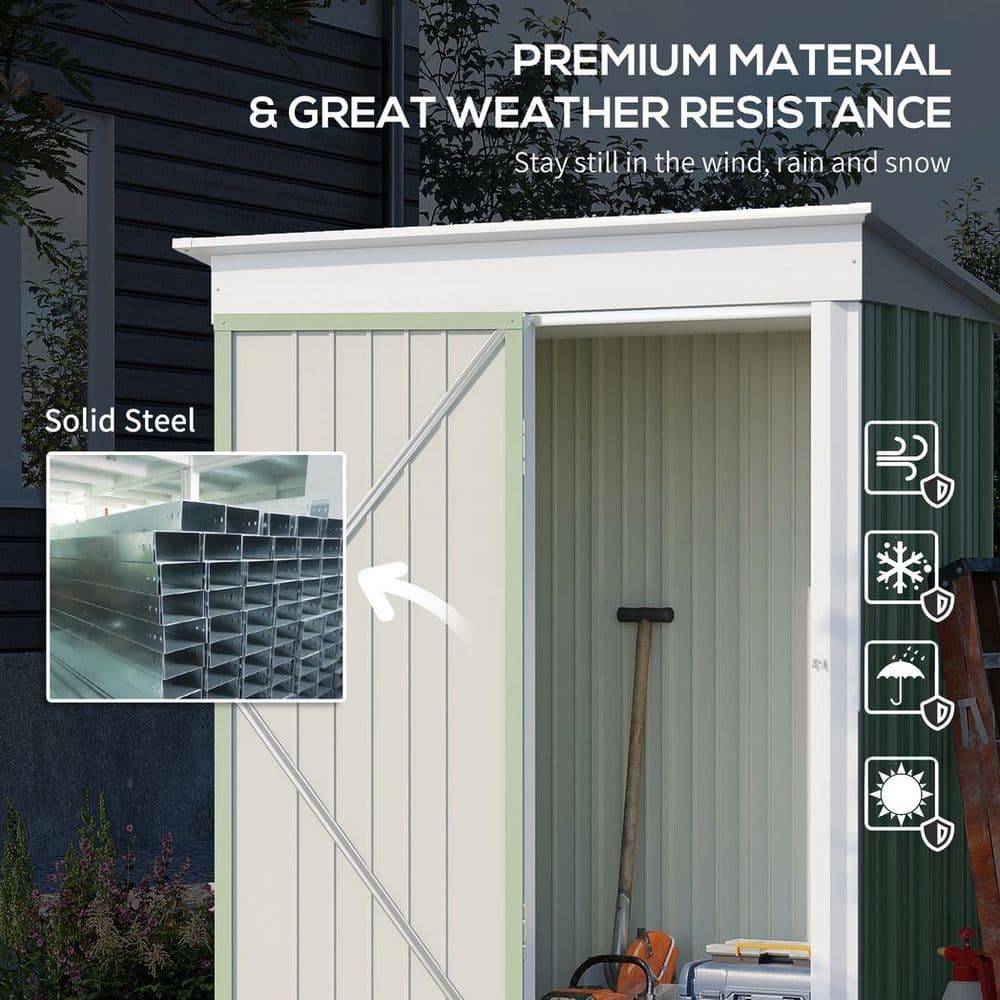 image-Outsunny Steel Garden Shed, Small Lean-to Shed for Bike Tool, 5x3 ft, Green