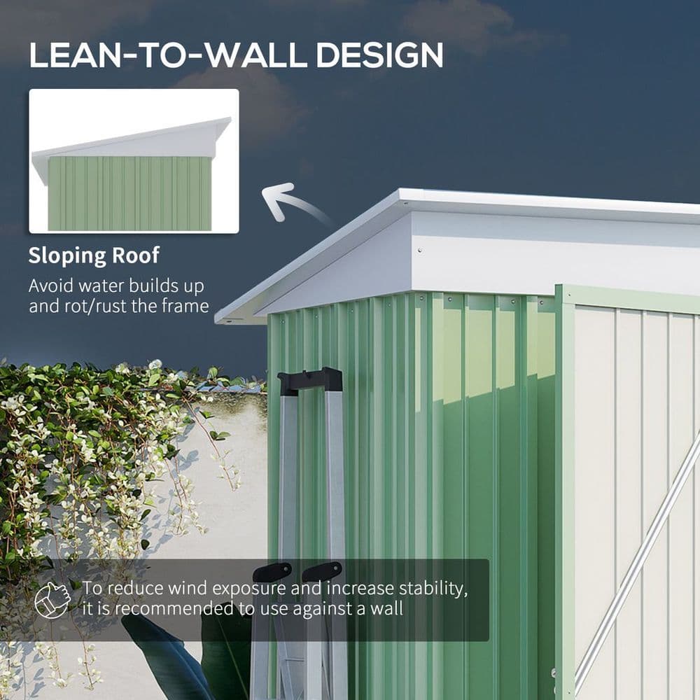 image-Outsunny Steel Garden Shed, Small Lean-to Shed for Bike Tool, 5x3 ft, Green