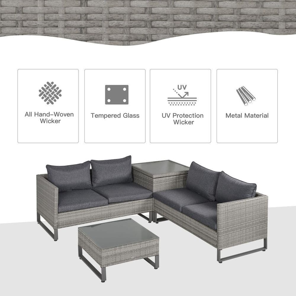 image-Outsunny 4 PCs Rattan Wicker Sofa Set Conservatory Furniture w/ Side Storage Box