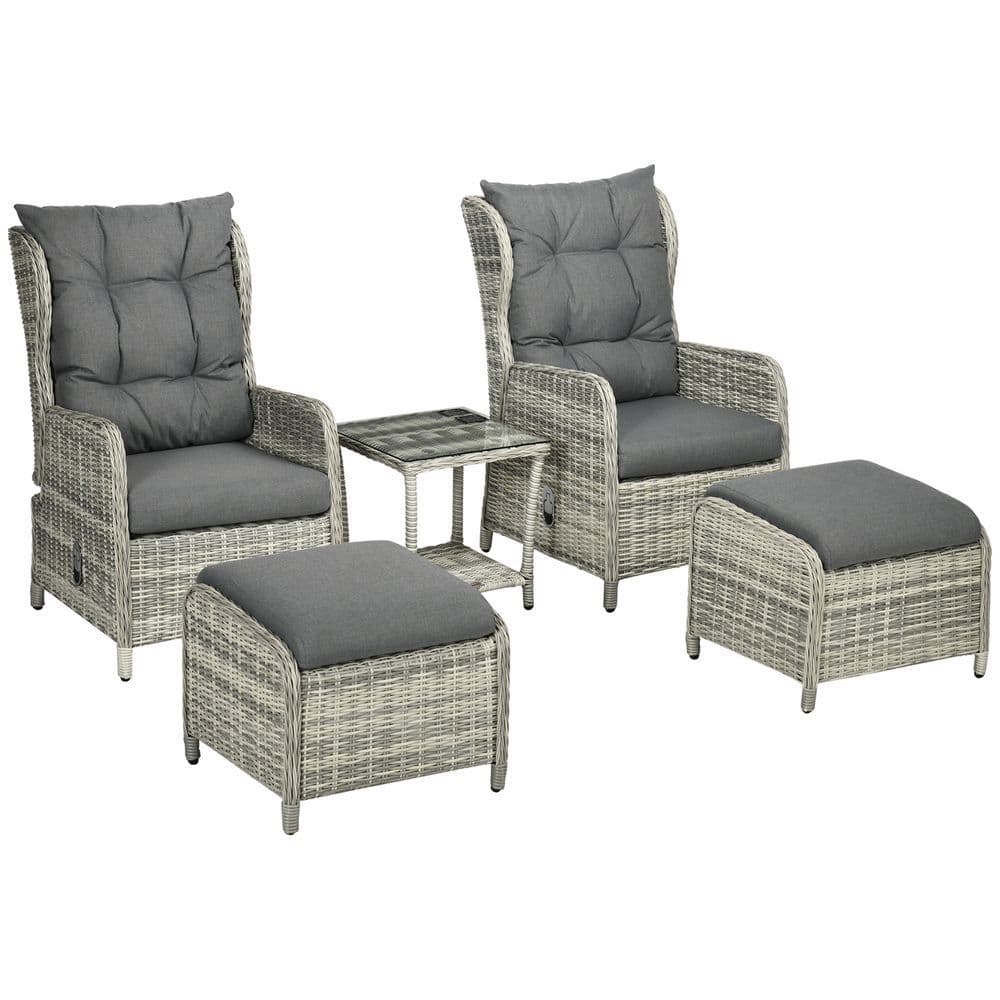 image-Outsunny Recliner Rattan Sun Lounger w/ Two-tier Table & Cushions, Mixed Grey