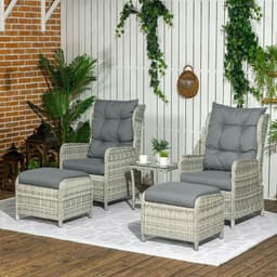image-Outsunny Recliner Rattan Sun Lounger w/ Two-tier Table & Cushions, Mixed Grey