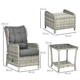 image-Outsunny Recliner Rattan Sun Lounger w/ Two-tier Table & Cushions, Mixed Grey