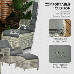 image-Outsunny Recliner Rattan Sun Lounger w/ Two-tier Table & Cushions, Mixed Grey