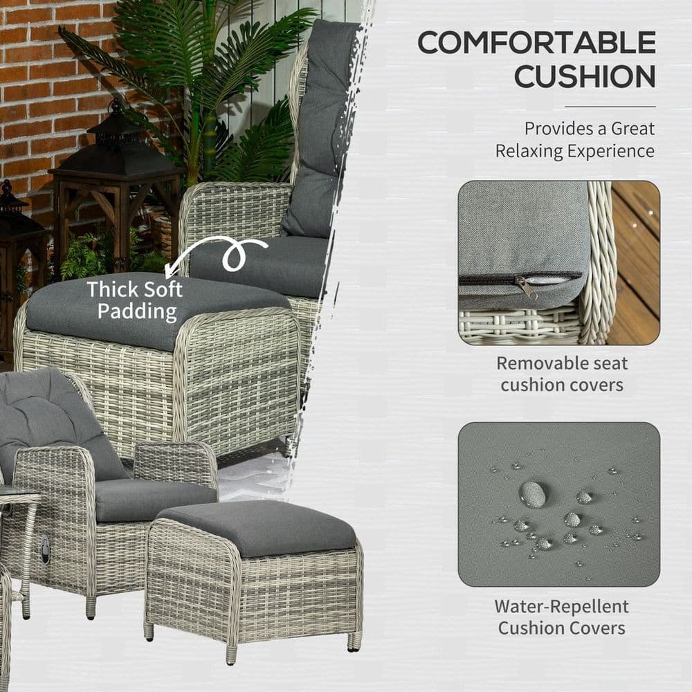 image-Outsunny Recliner Rattan Sun Lounger w/ Two-tier Table & Cushions, Mixed Grey