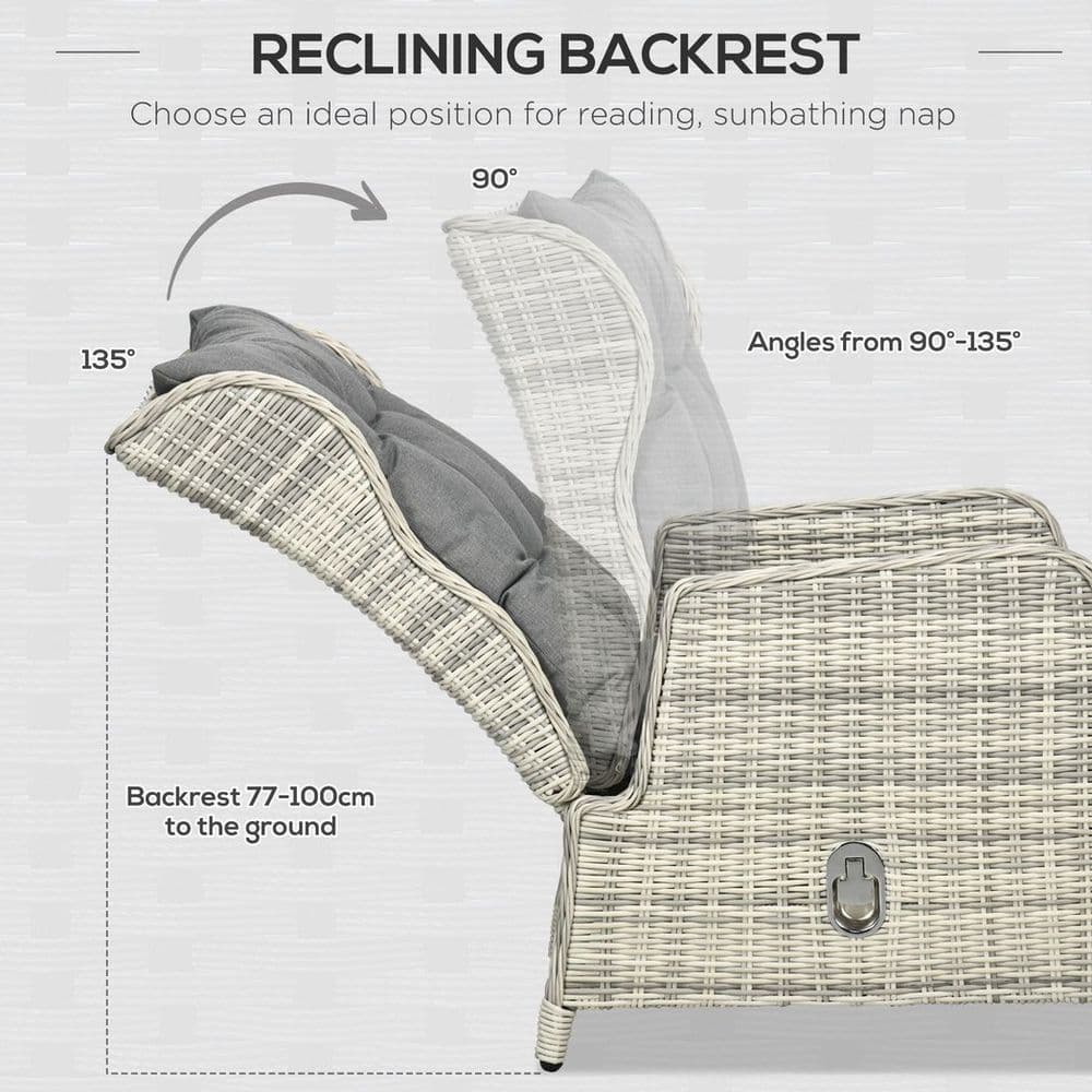 image-Outsunny Recliner Rattan Sun Lounger w/ Two-tier Table & Cushions, Mixed Grey