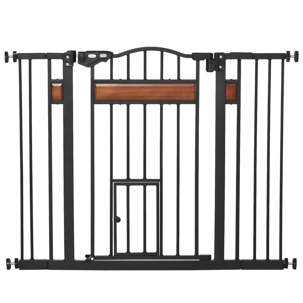 image-PawHut Dog Gate Pet Safety Gate Cat Door Auto Close Pine Decor 74-105 cm Wide