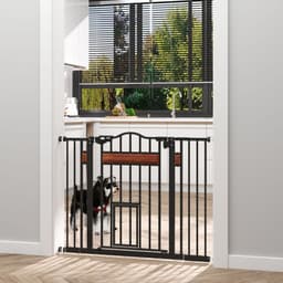 image-PawHut Dog Gate Pet Safety Gate Cat Door Auto Close Pine Decor 74-105 cm Wide