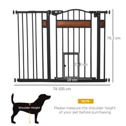 image-PawHut Dog Gate Pet Safety Gate Cat Door Auto Close Pine Decor 74-105 cm Wide