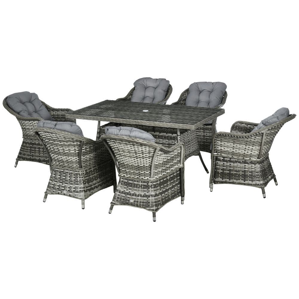 image-Outsunny 7 Pieces Rattan Dining Sets w/ Tempered Glass Umbrella Hole Table