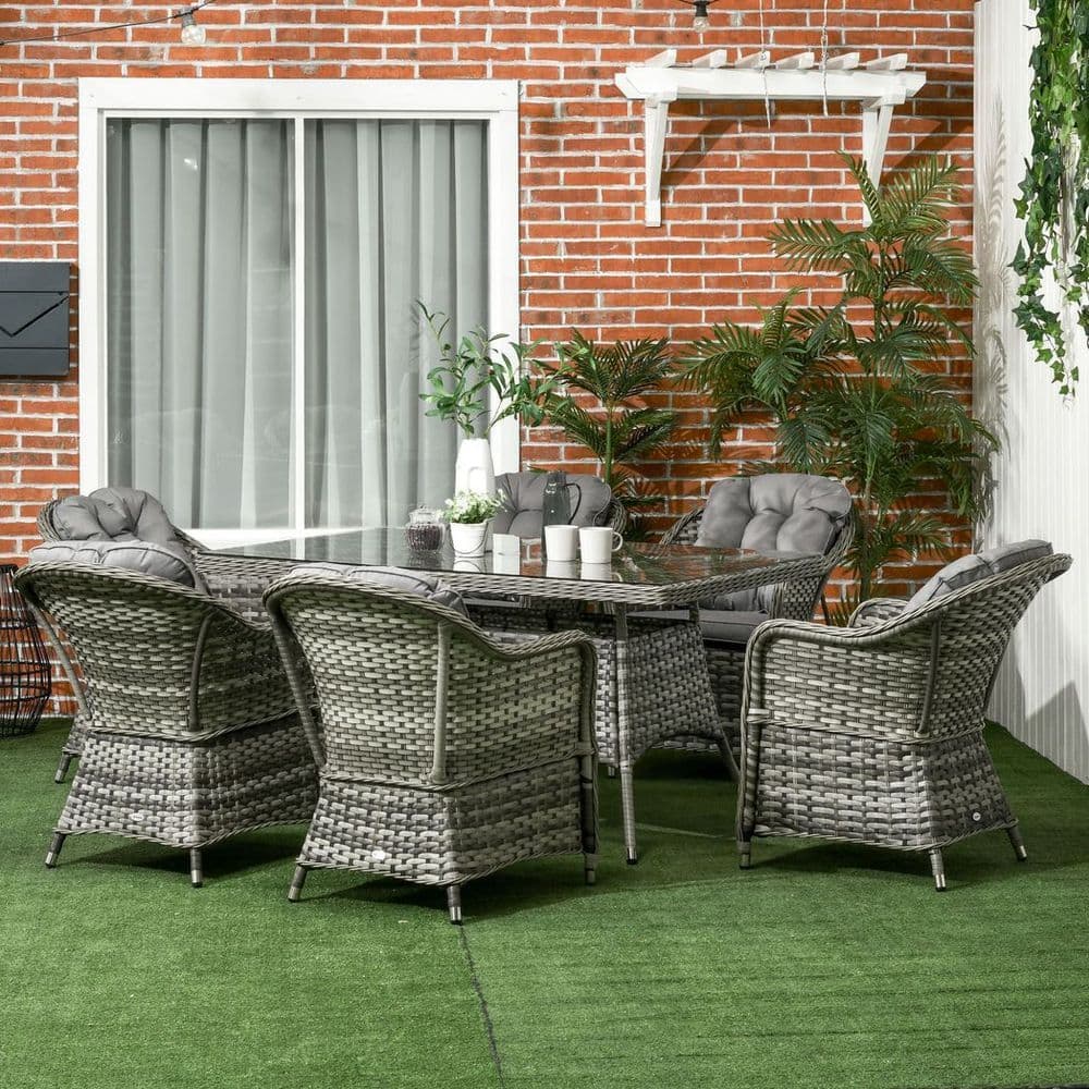image-Outsunny 7 Pieces Rattan Dining Sets w/ Tempered Glass Umbrella Hole Table