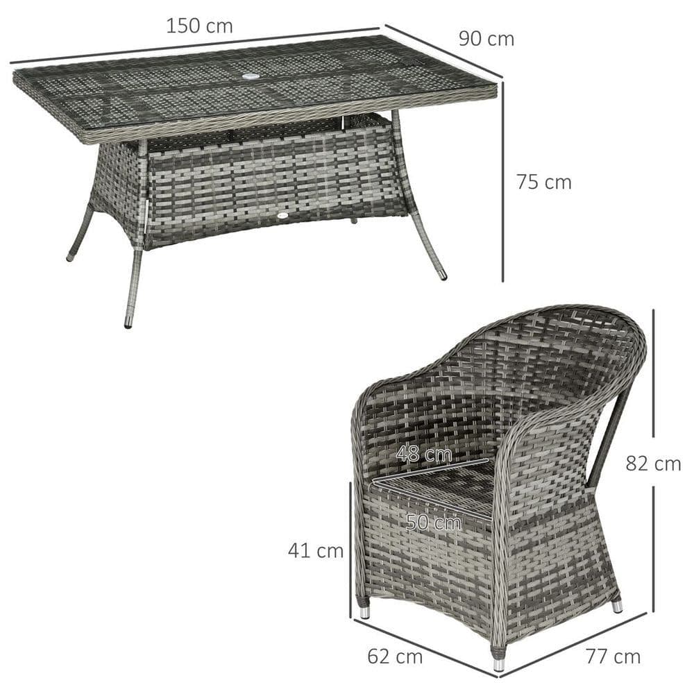 image-Outsunny 7 Pieces Rattan Dining Sets w/ Tempered Glass Umbrella Hole Table