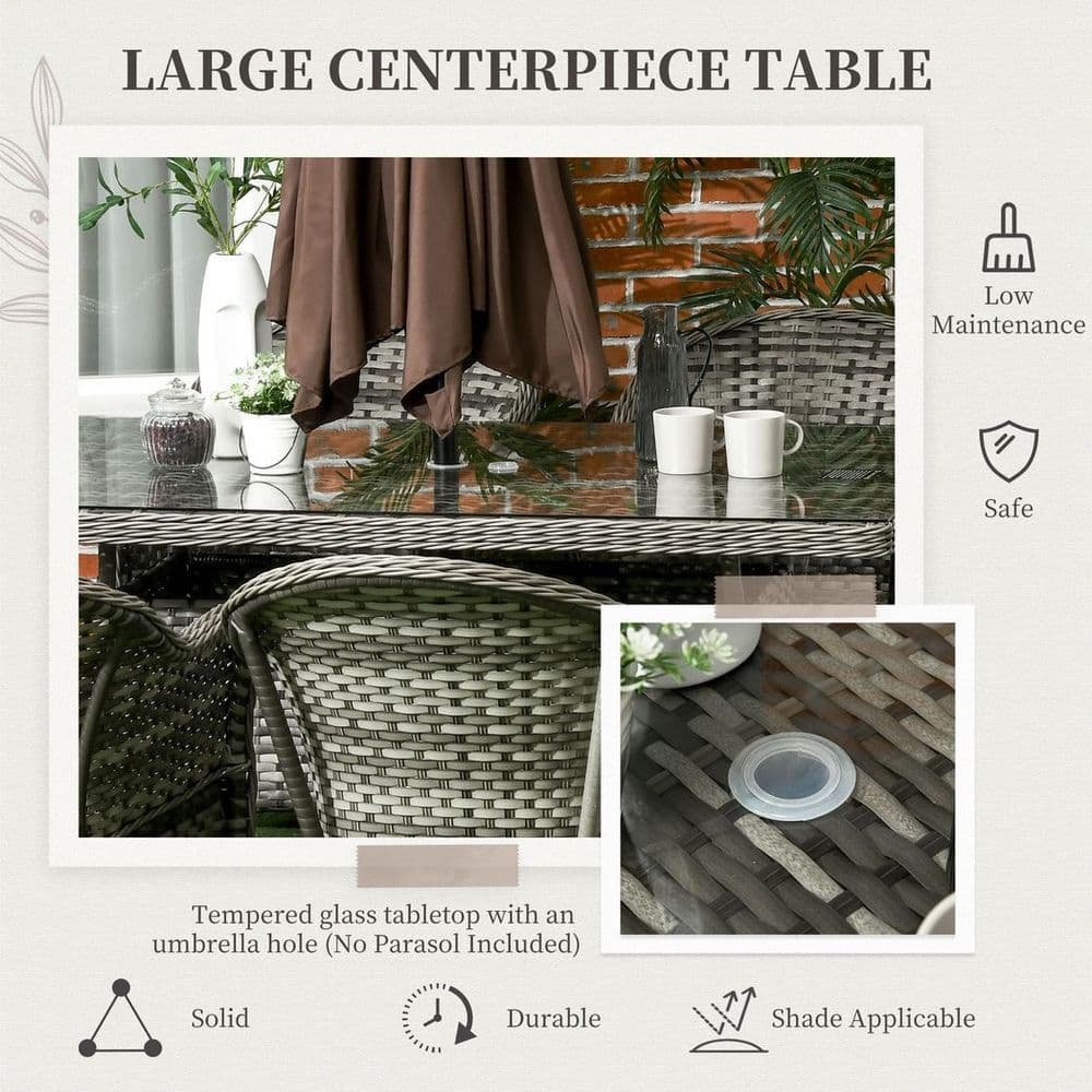 image-Outsunny 7 Pieces Rattan Dining Sets w/ Tempered Glass Umbrella Hole Table