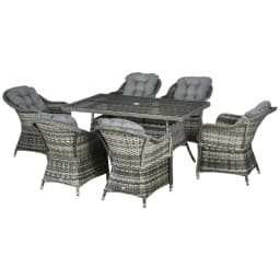 image-Outsunny 7 Pieces Rattan Dining Sets w/ Tempered Glass Umbrella Hole Table