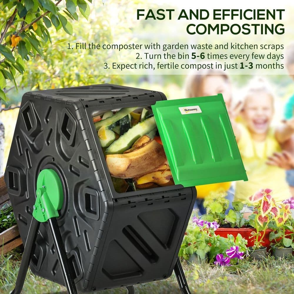 image-Outsunny 65L Garden Compost Bin, Barrel Rotating Composter with Steel Legs