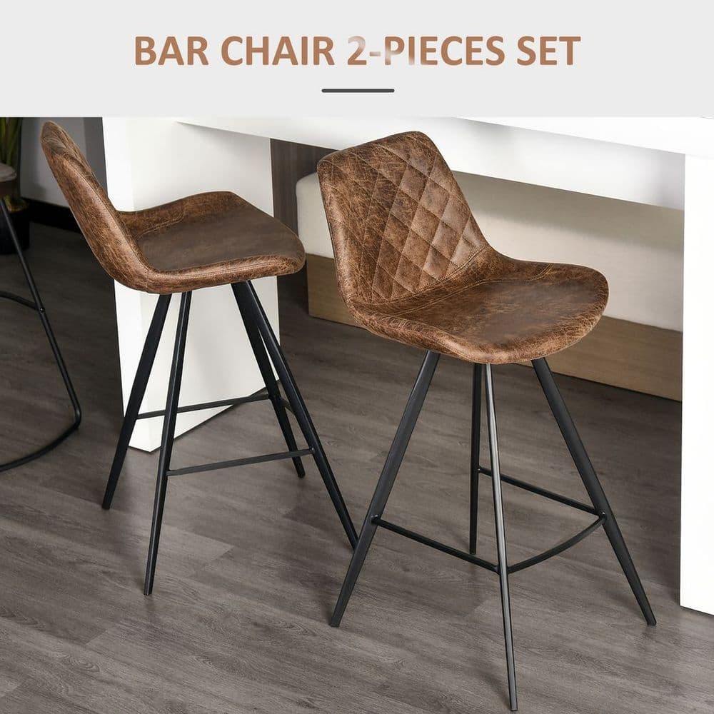 image-HOMCOM Set Of 2 Bar Stools Microfiber Cloth Tub Seats Padded Steel Brown