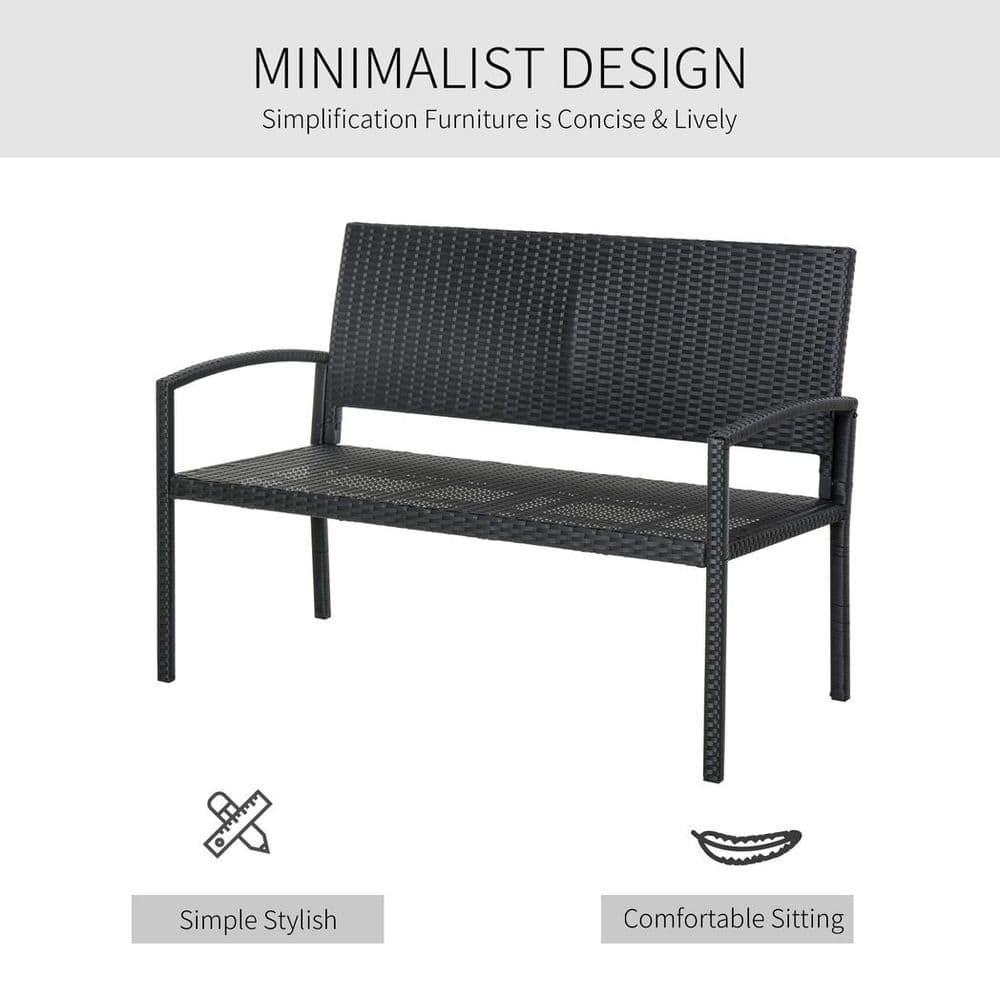 image-Outsunny Patio Rattan 2 Seater Garden Bench Love Seater Garden Armchair Black