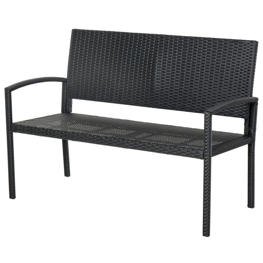 image-Outsunny Patio Rattan 2 Seater Garden Bench Love Seater Garden Armchair Black