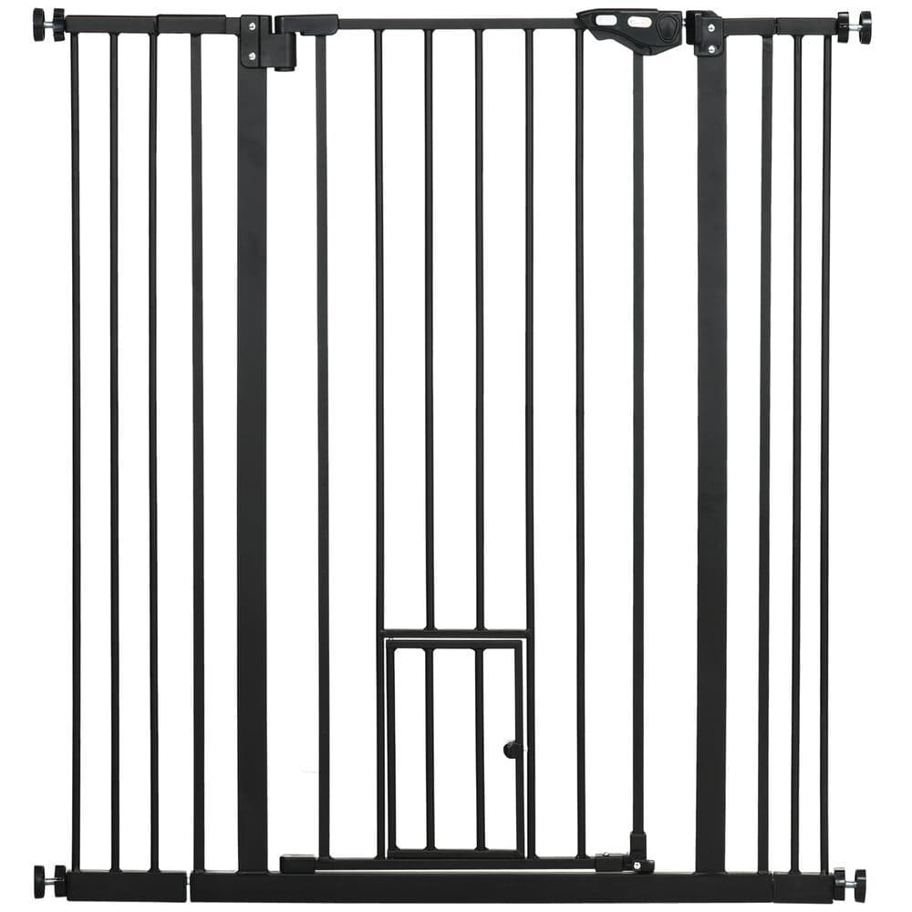 image-PawHut Extra Tall Dog Gate with Cat Door Auto Close for Stairs 74-101 cm Wide