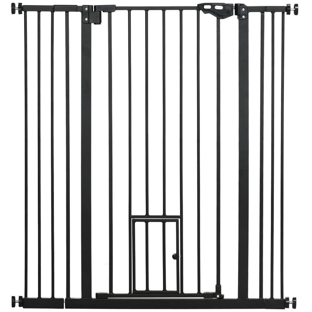 image-PawHut Extra Tall Dog Gate with Cat Door Auto Close for Stairs 74-101 cm Wide