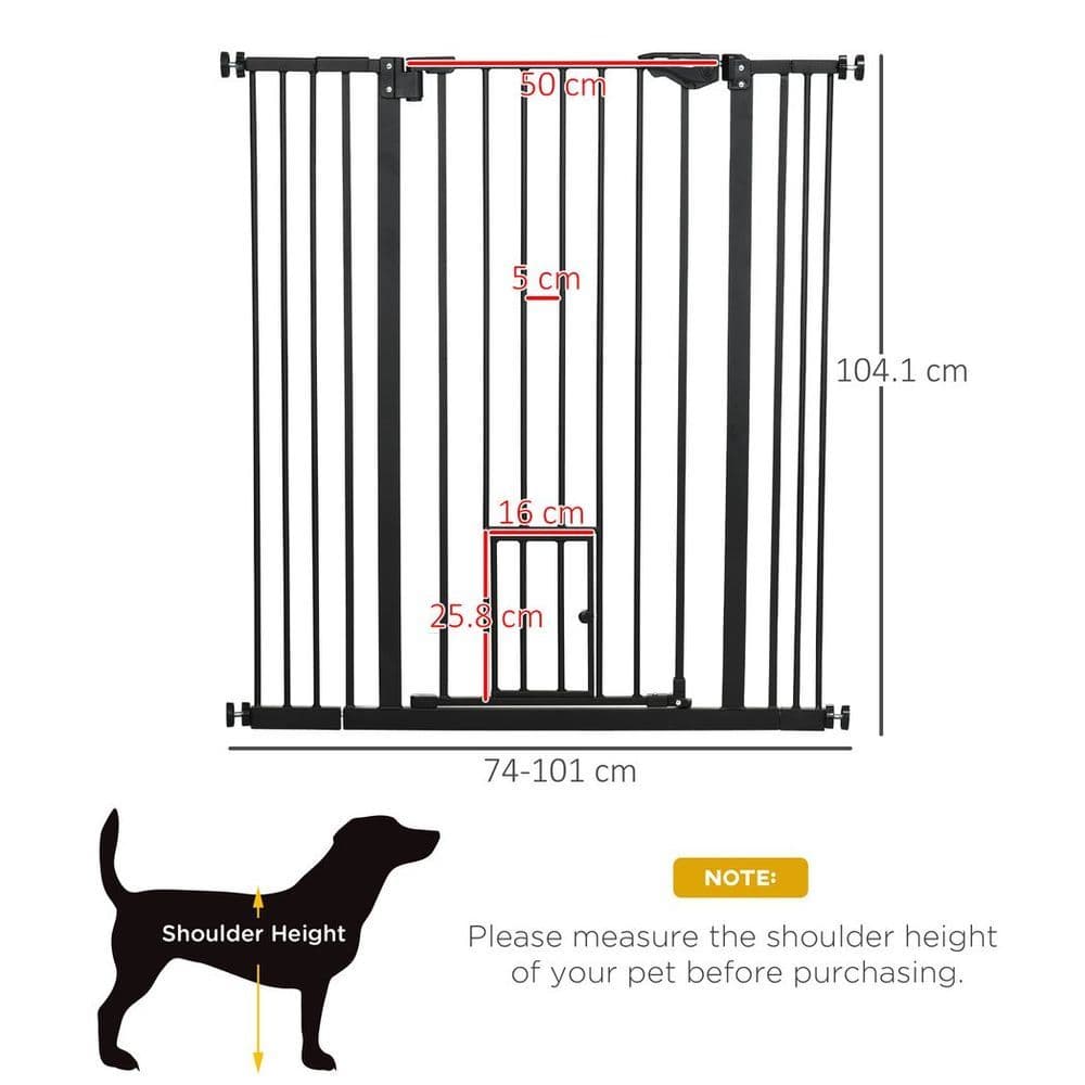 image-PawHut Extra Tall Dog Gate with Cat Door Auto Close for Stairs 74-101 cm Wide