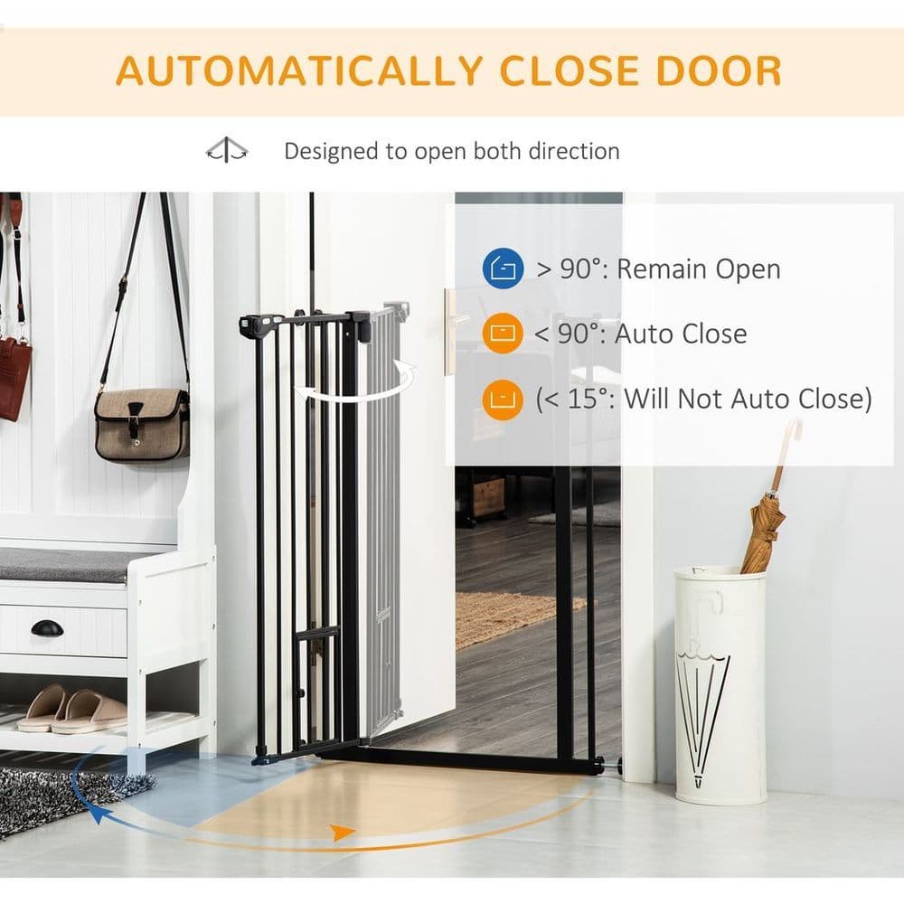 image-PawHut Extra Tall Dog Gate with Cat Door Auto Close for Stairs 74-101 cm Wide