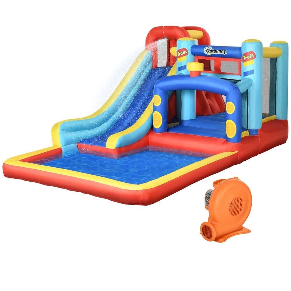 image-Outsunny 4 in 1 Kids Bouncy Castle Slide Pool Trampoline Climbing Wall Blower