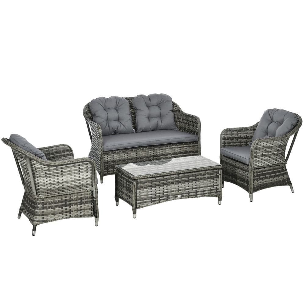 image-Outsunny 4 Pieces Rattan Sofa Set Outdoor Conservatory Furniture with Cushions