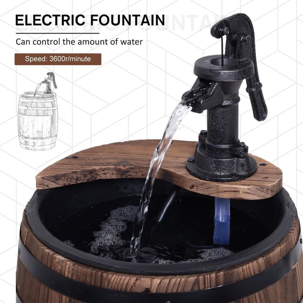 image-Outsunny Wood Barrel Pump Garden Fountain Water Feature Flower Planter Stand New